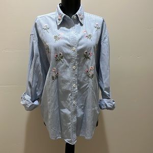 Solutions Original blue and white floral embroidered stripe button down shirt L